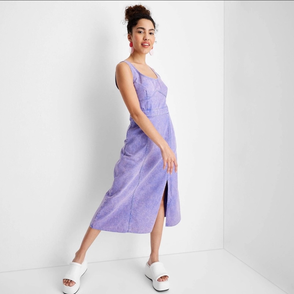 Future Collective Purple Denim Midi Dress Size 6 | Scoop Neck Front Slit - Picture 3 of 7